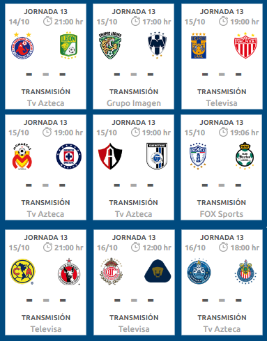 Fechas y horarios de partidos de la jornada 13 del futbol mexicano